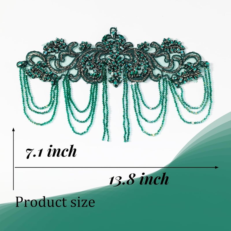 amusediy Deep Green Beaded Rhinestones Applique Embellishment for Clothes,Epaulettes Shoulder Patches Sew-on Diamond Sequin Applique for Wedding Dress DIY Accessories Belt Waist Decoration - Image 2